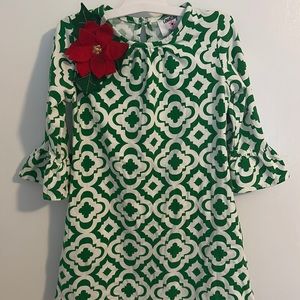 Geometric Counting Daisies Christmas Dress Trumpet Sleeve Fit & Flare Poinsettia